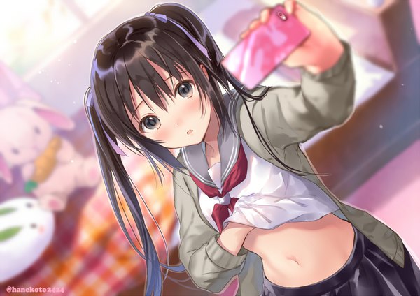 Anime picture 1000x707 with original hanekoto single long hair looking at viewer blush fringe open mouth light erotic hair between eyes brown hair signed payot indoors parted lips pleated skirt black eyes blurry dutch angle depth of field