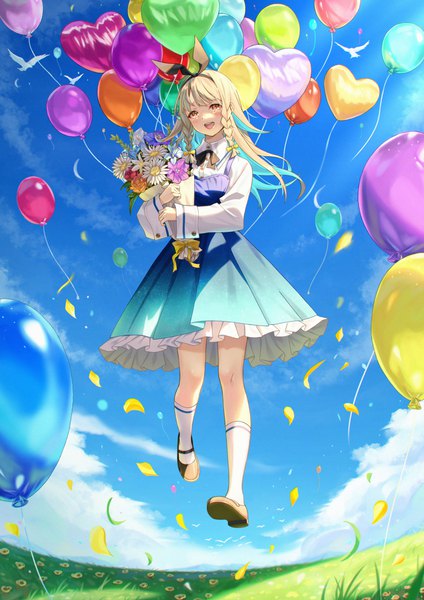 Anime picture 1852x2619 with original calder (pixiv3698273) single long hair tall image looking at viewer blush fringe highres open mouth blonde hair smile holding yellow eyes sky cloud (clouds) full body outdoors braid (braids) long sleeves