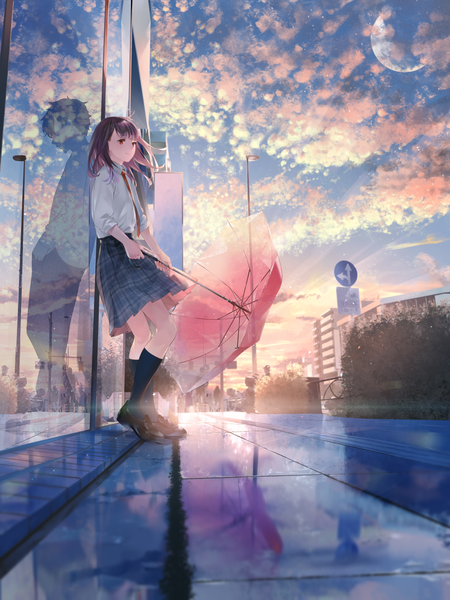 Anime picture 1000x1333 with original sousou (sousouworks) long hair tall image fringe short hair red eyes brown hair standing holding looking away sky cloud (clouds) full body bent knee (knees) outdoors blunt bangs pleated skirt light smile wind