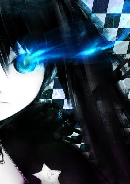 Anime picture 2894x4093 with black rock shooter black rock shooter (character) yuranpo single long hair tall image looking at viewer highres blue eyes black hair signed glowing portrait glowing eye (eyes) checkered background girl chain