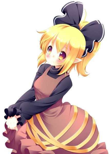 Anime picture 1400x1958 with touhou kurodani yamame zefa (neoaltemice) single tall image blush short hair simple background blonde hair white background yellow eyes ponytail pointy ears girl dress bow hair bow