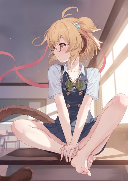 Anime picture 2481x3508 with granblue fantasy andira (granblue fantasy) kimblee single tall image blush fringe highres short hair open mouth light erotic blonde hair sitting animal ears yellow eyes looking away full body ahoge indoors tail
