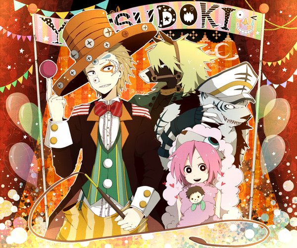 Anime picture 1700x1422 with oumagadoki zoo (manga) tagme (character) michinoke toitoi itsuya (artist) highres blonde hair grin group striped face paint clown hat animal bowtie cap dog balloon horse tiger