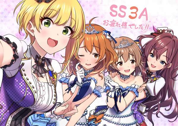 Anime picture 3541x2507 with idolmaster idolmaster cinderella girls idolmaster cinderella girls starlight stage ichinose shiki miyamoto frederica kita hinako araki hina baffu long hair looking at viewer blush fringe highres short hair breasts open mouth blue eyes simple background blonde hair smile