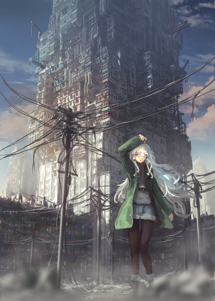Anime picture 650x910 with original denki single long hair tall image looking at viewer standing sky silver hair cloud (clouds) braid (braids) parted lips arm up wind open jacket fur trim sleeves past wrists girl plant (plants) pantyhose