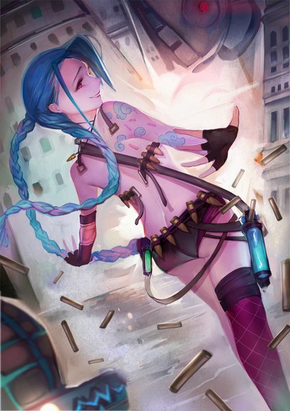 Anime picture 800x1131 with league of legends jinx (league of legends) qqwew00123 single long hair tall image fringe light erotic smile red eyes ass braid (braids) lips from behind aqua hair twin braids back bodypaint girl thighhighs