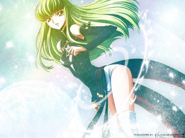 Anime picture 1600x1200 with code geass sunrise (studio) c.c. long hair light erotic yellow eyes green hair pantyshot girl dress detached sleeves