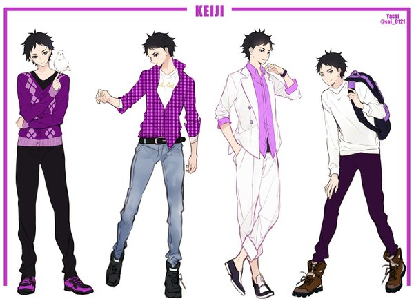 Anime picture 1480x1076 with haikyuu!! production i.g akaashi keiji yasai (getsu) short hair black hair simple background standing white background black eyes open clothes multiple boys open shirt open collar hand in pocket plaid hand on knee twisty sleeves multiple persona fashion