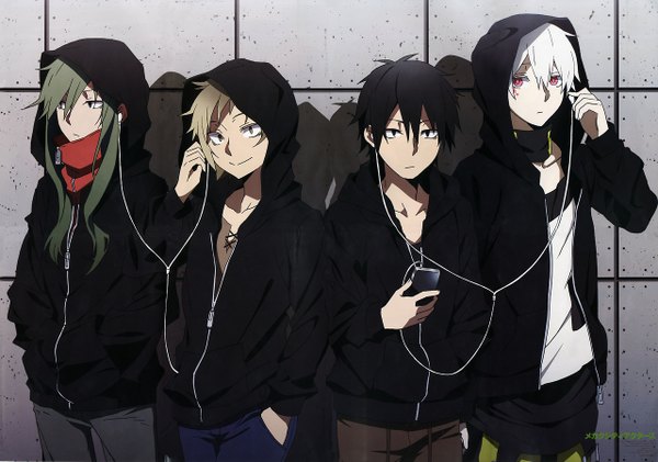 Anime picture 1280x900 with kagerou project shaft (studio) kisaragi shintarou kido tsubomi kano shuuya konoha (kagerou project) long hair short hair open mouth black hair blonde hair smile red eyes green eyes white hair hand in pocket girl boy jacket headphones