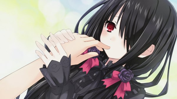 Anime picture 1280x720 with date a live tokisaki kurumi long hair blush fringe black hair red eyes wide image game cg hair flower hair over one eye girl dress hair ornament