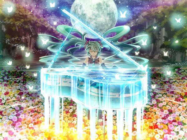 Anime picture 1600x1200 with vocaloid hatsune miku k2pudding single long hair sitting twintails eyes closed aqua hair landscape weightlessness playing instrument field girl flower (flowers) plant (plants) shirt necktie insect butterfly
