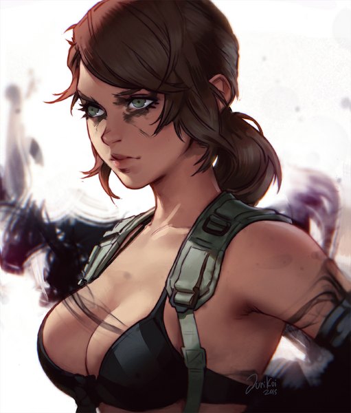 Anime picture 767x900 with metal gear metal gear solid metal gear solid v: the phantom pain konami quiet (metal gear) jurikoi single long hair tall image breasts light erotic brown hair green eyes signed upper body lips eyebrows girl bikini top