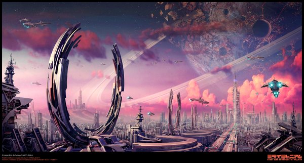 Anime picture 1500x806 with mirai millenium pinakes wide image sky cloud (clouds) inscription city cityscape no people framed street science fiction building (buildings) star (stars) planet aircraft airplane spacecraft