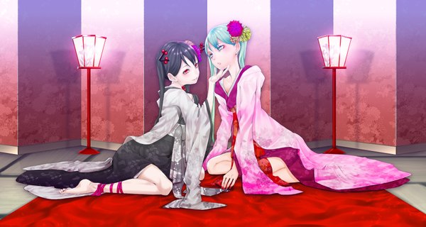 Anime picture 1674x895 with vocaloid hatsune miku shiro (artist) highres smile red eyes wide image sitting twintails multiple girls very long hair nail polish traditional clothes japanese clothes barefoot hair flower aqua eyes fingernails aqua hair long fingernails