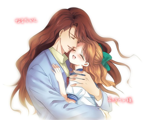 Anime picture 1200x998 with bishoujo senshi sailor moon toei animation nephrite (sailor moon) naru osaka chako long hair blush open mouth simple background brown hair white background eyes closed couple character names hug happy face to face girl boy uniform