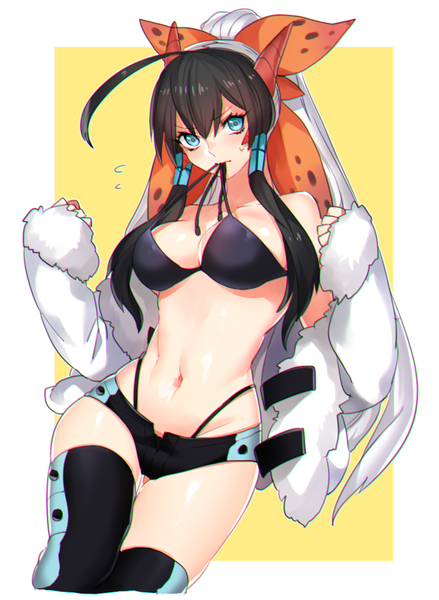 Anime picture 739x1011 with pokemon moemon nintendo volcarona katagiri hachigou single long hair tall image looking at viewer breasts blue eyes light erotic black hair large breasts holding ahoge white hair ponytail multicolored hair two-tone hair