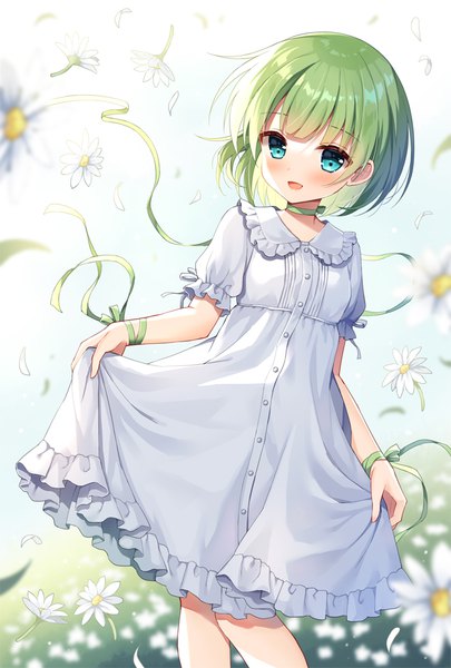 Anime picture 700x1036 with original mauve single tall image blush short hair open mouth looking away outdoors :d aqua eyes green hair frilled dress girl dress flower (flowers) ribbon (ribbons) petals frills white dress