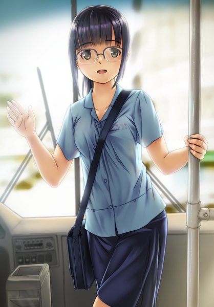 Anime picture 1882x2700 with original jakelian single long hair tall image looking at viewer highres open mouth black hair brown eyes bus interior girl skirt shirt glasses bag