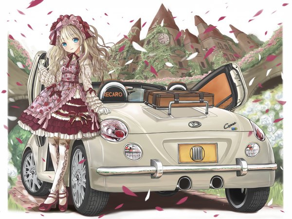 Anime picture 2000x1500 with original tokino ame long hair blush highres blue eyes blonde hair girl thighhighs dress gloves flower (flowers) petals white thighhighs frills headdress ground vehicle car castle convertible