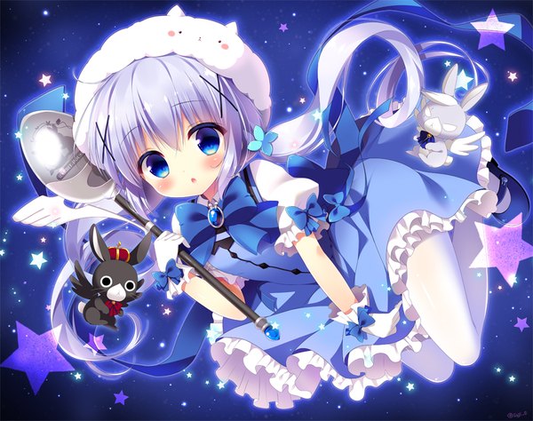 Anime picture 900x711 with gochuumon wa usagi desu ka? white fox kafuu chino tippy (gochiusa) sasai saji single long hair blush fringe blue eyes hair between eyes purple hair full body bent knee (knees) parted lips hair flower :o drill hair girl dress