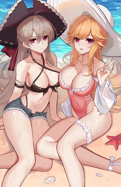 Anime picture 1500x2307 with azur lane richelieu (azur lane) jean bart (azur lane) richelieu (fleuron of the waves) (azur lane) jean bart (private apres midi) (azur lane) eternity (shadeh) long hair tall image looking at viewer blush fringe breasts open mouth light erotic blonde hair smile hair between eyes brown hair large breasts sitting
