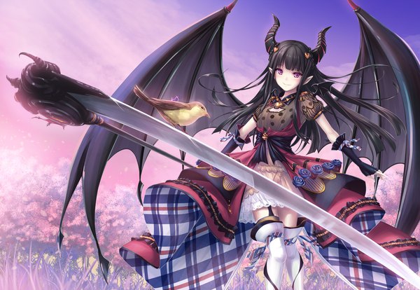 Anime picture 2100x1450 with kanpani girls tenmaso single long hair blush fringe highres black hair purple eyes sky horn (horns) pointy ears girl dress weapon plant (plants) detached sleeves animal wings tree (trees)