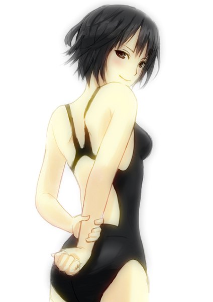 Anime picture 695x983 with amagami nanasaki ai rikkukku single tall image looking at viewer blush fringe short hair breasts light erotic black hair simple background smile standing white background bare shoulders brown eyes head tilt looking back