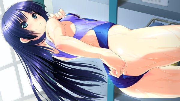 Anime picture 1280x720 with koi mekuri clover sakanoue mikana amasaka takashi long hair blush blue eyes light erotic wide image blue hair game cg wet adjusting swimsuit girl swimsuit