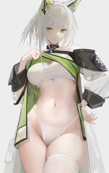 Anime picture 3600x5700 with arknights kal'tsit (arknights) omone hokoma agm single tall image fringe highres short hair breasts light erotic simple background standing white background bare shoulders green eyes looking away absurdres white hair blunt bangs hand on hip