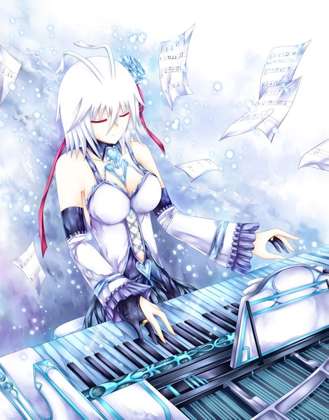 Anime picture 1871x2386 with original snowcorridor (artist) single tall image highres short hair white hair eyes closed snowing winter girl dress gloves ribbon (ribbons) hair ribbon detached sleeves choker paper piano