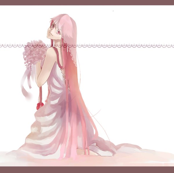Anime picture 1500x1490 with mirai nikki gasai yuno single long hair looking at viewer smile pink hair pink eyes back girl dress flower (flowers) bouquet wedding dress wedding veil