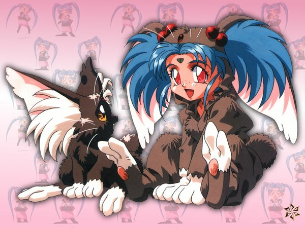 Anime picture 1024x768 with tenchi muyou! anime international company masaki sasami jurai ryo-ouki single looking at viewer blue hair tail pink eyes facial mark forehead mark freckles girl animal costume