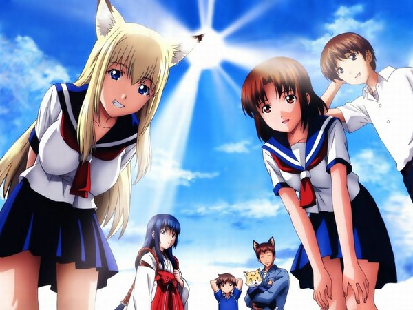 Anime picture 1024x768 with wagaya no oinari-sama zexcs tenko kuugen kou sakura misaki takagami noboru animal ears sky japanese clothes fox ears miko uniform school uniform serafuku takagami toru