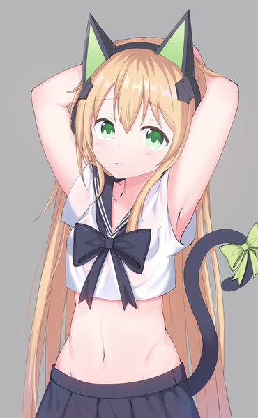 Anime picture 1624x2632 with girls frontline tmp (girls frontline) starfox1015 single long hair tall image simple background blonde hair green eyes tail animal tail grey background armpit (armpits) midriff cat tail groin arms behind head tail ribbon girl uniform