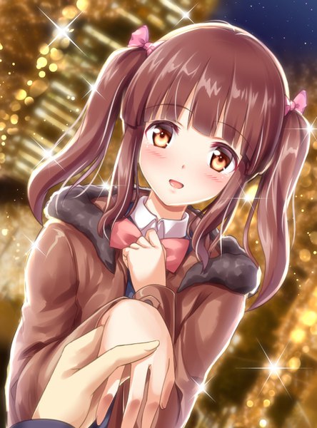 Anime picture 927x1252 with idolmaster idolmaster cinderella girls ogata chieri kyamu (qqea92z9n) long hair tall image looking at viewer blush fringe open mouth smile brown hair twintails brown eyes payot upper body outdoors blunt bangs long sleeves :d