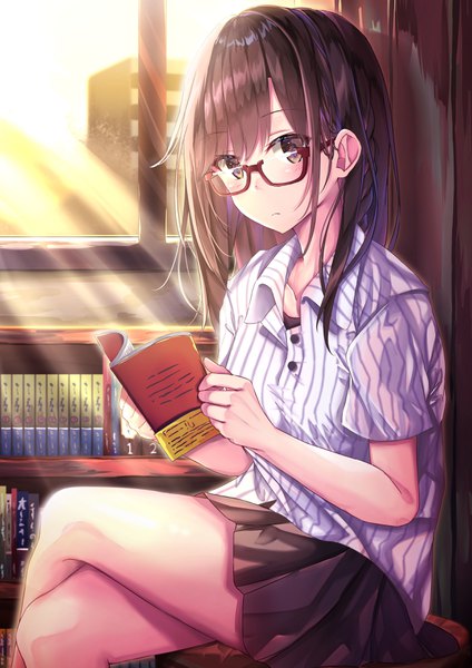 Anime picture 2480x3508 with original tsukasa tsubasa single long hair tall image looking at viewer blush fringe highres brown hair sitting holding brown eyes payot indoors pleated skirt sunlight short sleeves crossed legs sunbeam