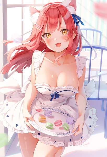 Anime picture 1163x1706 with original kinako (shiratama mochi) single long hair tall image looking at viewer blush fringe breasts open mouth light erotic smile large breasts standing signed animal ears yellow eyes payot red hair head tilt
