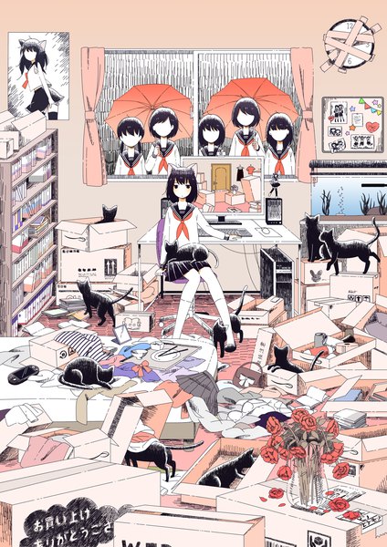 Anime picture 1160x1640 with original satou odori (super normal) tall image looking at viewer short hair black hair standing sitting twintails multiple girls animal ears indoors black eyes cat ears low twintails short twintails rain 6+ girls 6 girls no face