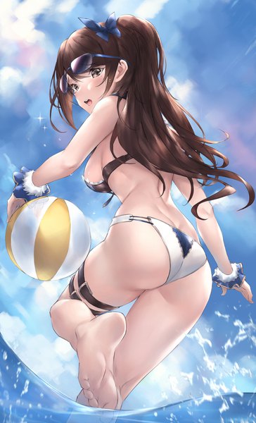 Anime picture 717x1180 with granblue fantasy beatrix (granblue fantasy) parfaitlate single long hair tall image looking at viewer blush fringe breasts open mouth light erotic hair between eyes brown hair standing brown eyes sky cloud (clouds) ass ponytail