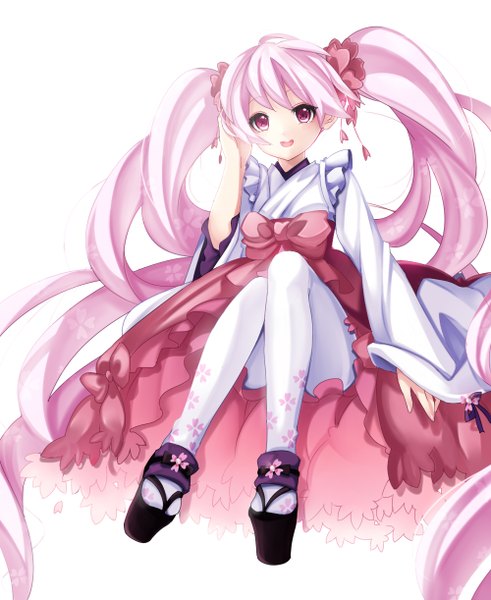 Anime picture 1000x1222 with vocaloid hatsune miku sakura miku kaka cheung single tall image looking at viewer open mouth simple background white background twintails pink hair very long hair pink eyes girl dress shoes