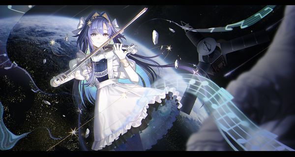 Anime picture 2000x1062 with reverse:1999 voyager (reverse:1999) honnou (kjs9504) single long hair highres smile wide image purple eyes purple hair multicolored hair letterboxed colored inner hair space playing instrument girl dress gloves white gloves musical instrument