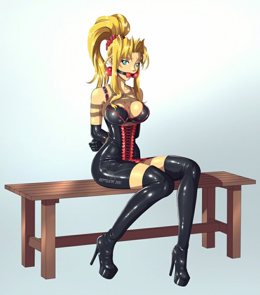 Anime picture 880x1000 with battle arena toshinden (game) sofia (battle arena toshinden) reptileye (artist) single long hair tall image looking at viewer breasts blue eyes light erotic blonde hair sitting ponytail bondage bdsm latex girl thigh boots