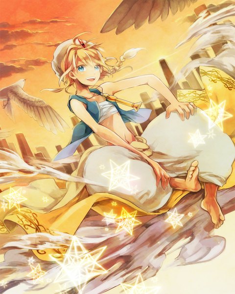Anime picture 800x1000 with magi the labyrinth of magic a-1 pictures titus alexius tagme (artist) single long hair tall image looking at viewer open mouth blue eyes blonde hair smile sitting sky braid (braids) barefoot single braid evening sunset morning