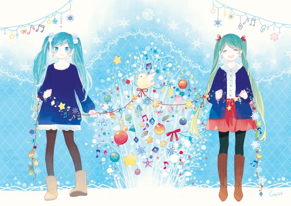 Anime picture 1200x849 with vocaloid hatsune miku kyang692 long hair blush smile twintails full body eyes closed aqua eyes aqua hair dual persona girl earrings animal bird (birds) star (symbol) musical note garland