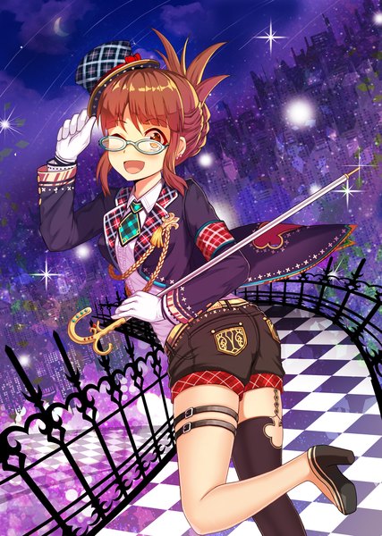 Anime picture 1000x1406 with idolmaster akizuki ritsuko ratio (ratio-d) single tall image blush fringe short hair open mouth smile brown hair holding brown eyes one eye closed wink high heels adjusting hat girl thighhighs gloves