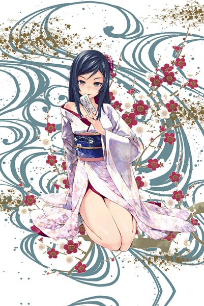 Anime picture 669x1000 with original risou (maeda risou) single long hair tall image looking at viewer black hair smile sitting traditional clothes japanese clothes pink eyes girl hair ornament kimono