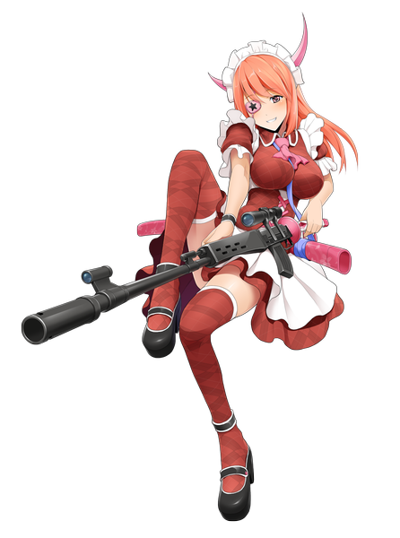 Anime picture 1114x1500 with onigiri (mmorpg) kaguya (onigiri) wakaba sprout single long hair tall image looking at viewer blush smile purple eyes horn (horns) orange hair maid transparent background girl thighhighs dress weapon headdress gun