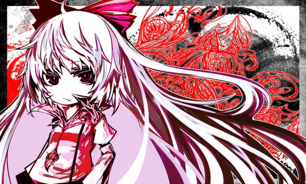 Anime picture 1324x800 with touhou fujiwara no mokou akasia single long hair red eyes wide image white hair border outside border hands in pockets girl bow hair bow suspenders