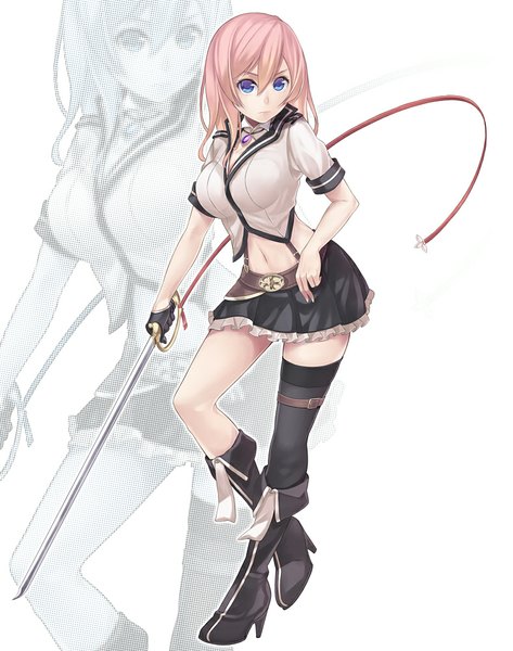 Anime picture 789x1000 with original ray-akila long hair tall image blue eyes pink hair midriff zoom layer girl thighhighs skirt navel weapon black thighhighs sword boots