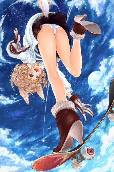 Anime picture 1274x1920 with original noeldon (okamocheese) tall image short hair open mouth blue eyes light erotic blonde hair animal ears cloud (clouds) ass girl gloves underwear panties jacket boots